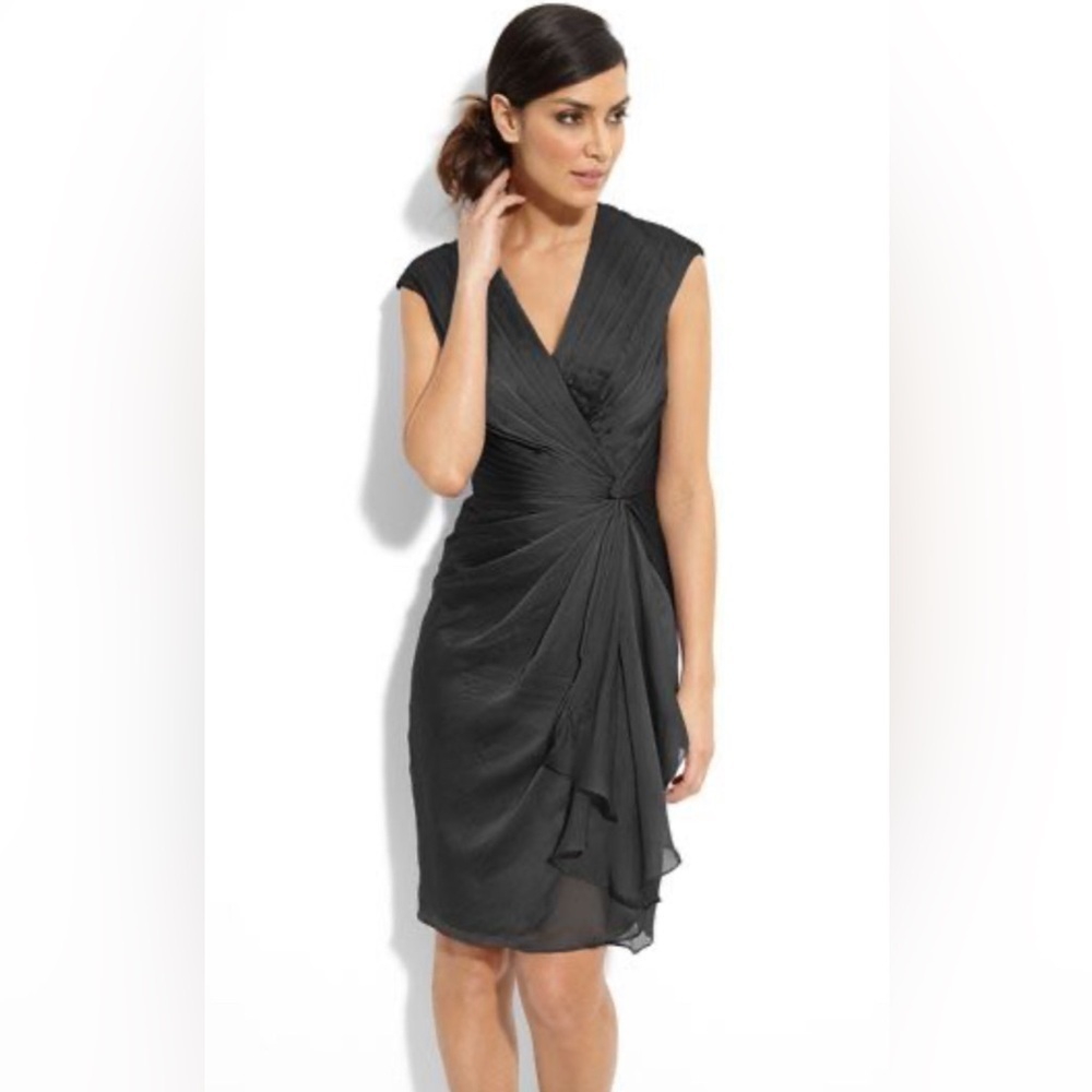 ADRIANNA PAPELL Sz 4 Sheath Midi Dress Faux Wrap Ruffles Sheer Ruching Zipper